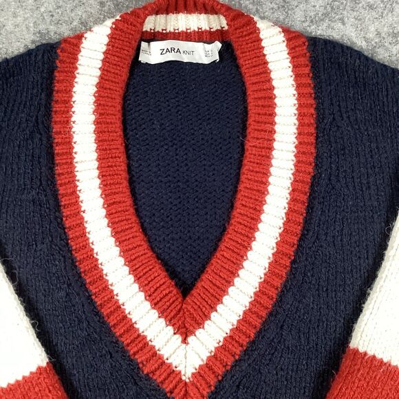 Zara Oversized V Neck Collegiate Preppy Knit Sweater Navy Red White Size Small - Picture 12 of 15